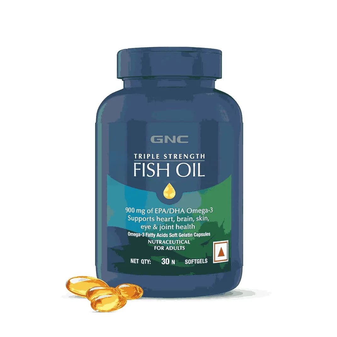 GNC Triple Strength Fish Oil Omega 3 Capsules for Men & Women | 900mg EPA & DHA | Improves Memory | Protects Vision | No Fishy Aftertaste | Supports Family Health | USA Formulated | 30 Softgels