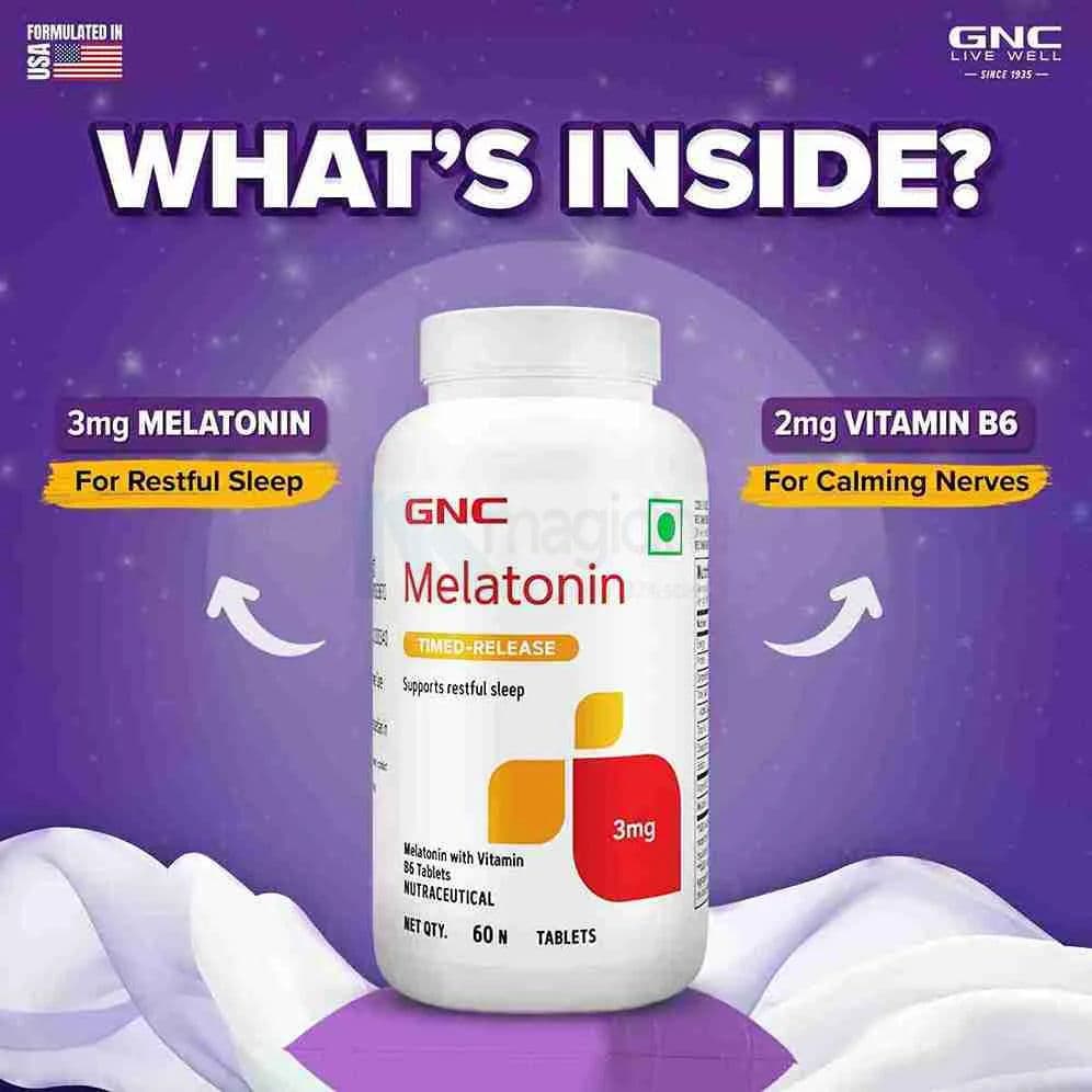 GNC Melatonin Timed Release With Vitamin B6 | Maintains Healthy Sleep Cycle | Ensures Undisturbed Sleep | Improves Mood | Helps in Relaxation | Formulated in USA | 3mg Per Serving | 60 Tablets