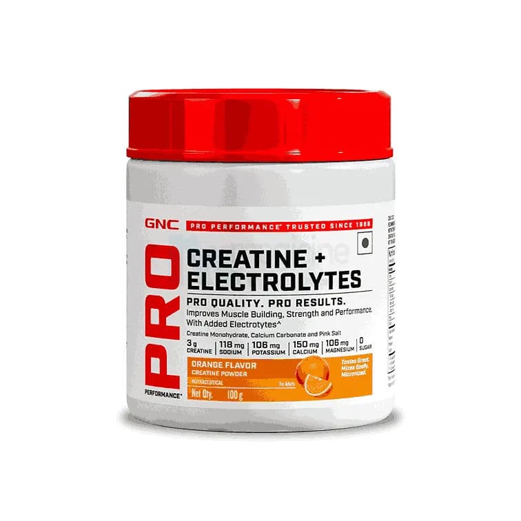 GNC Creatine+ Electrolytes | 3g Creatine Monohydrate + Sodium, Potassium, Calcium, Magnesium | Boosts Muscle Growth, Hydration, Energy & Recovery | Zero Sugar | 100% Veg | 100g | Orange