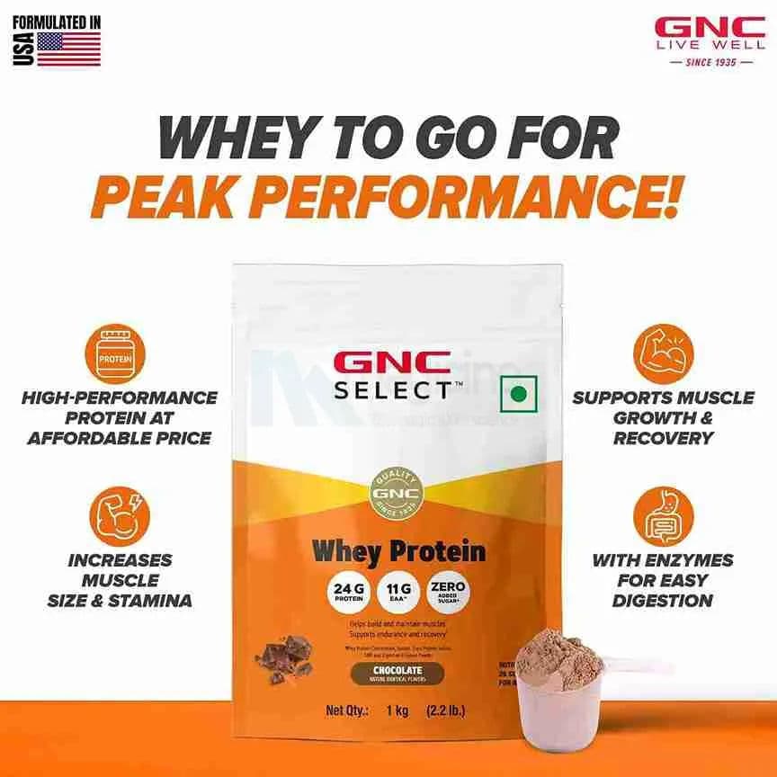 GNC 100% Whey Protein Powder With Free Shaker | 2.2 LBS (1KG) | Chocolate | Digestive Enzyme For Better Digestion | Faster Muscle Recovery | 24 Gm Protein | Boosts Strength & Endurance | Zero Added Sugar | Builds Lean Muscles | Formulated In USA | Imported