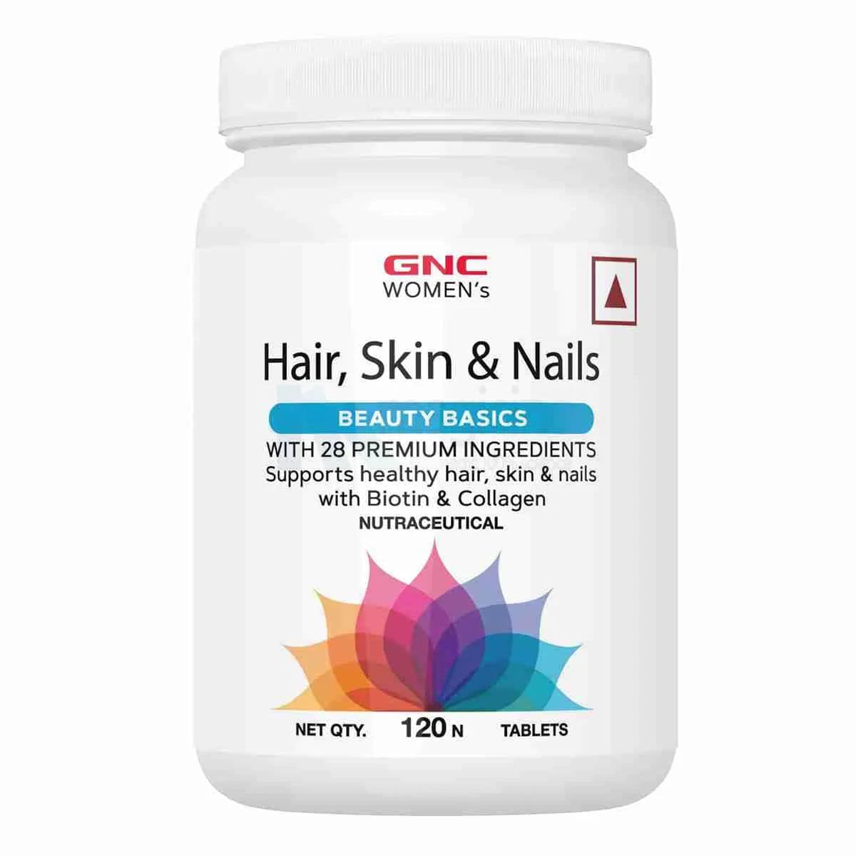 GNC Women's Hair, Skin and Nails Multivitamin For Women | Hair Fall Treatment | Improved Hair Growth | Younger-Looking Skin | Stronger Nails | Formulated In USA | 28 Premium Ingredients | 120 Tablets